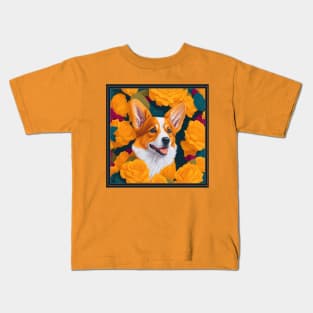 Dogs, corgi and flowers, dog, style vector (yellow version corgi) Kids T-Shirt